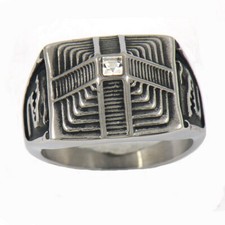 Stainless Steel Silver Egyptian Pyramid Ring with Crystal