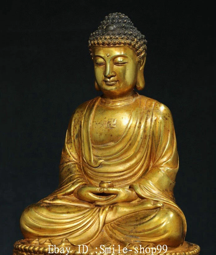 Estatua de Buda Shakyamuni Sakyamuni Amitabha dorado bronce puro tibetano antiguo de 11,4" Foto 3 de 4