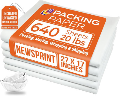 White Bulk Packing Paper Sheets for Moving | 640 Sheets | 27'' X 17'' | 20 Lb | Tw
