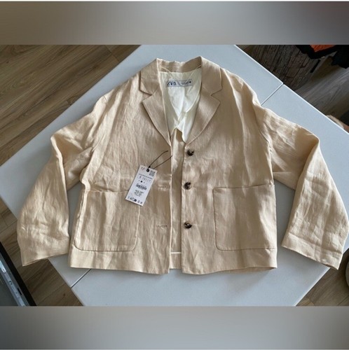 Zara 100% Linen Blazer Jacket Coat Beige Cream Neutral ZW Collection Size S NWT - Picture 3 of 16