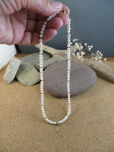 Genuine White Pearl 12k Gold Filled Tiny O Mary Pendant 16" Strand Necklace #518 - Picture 8 of 12