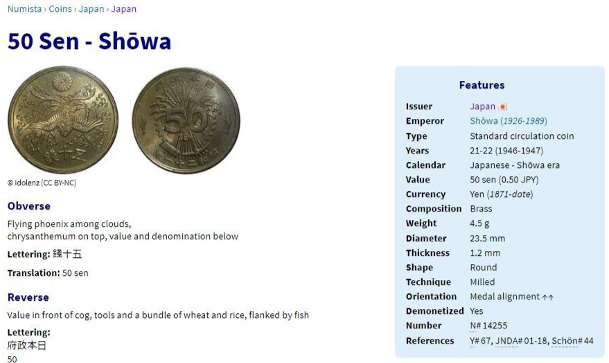 JAPAN 50 Sen Shōwa Yr 21 (1946) 日本国 五十銭 昭和二十一年 Y# 67