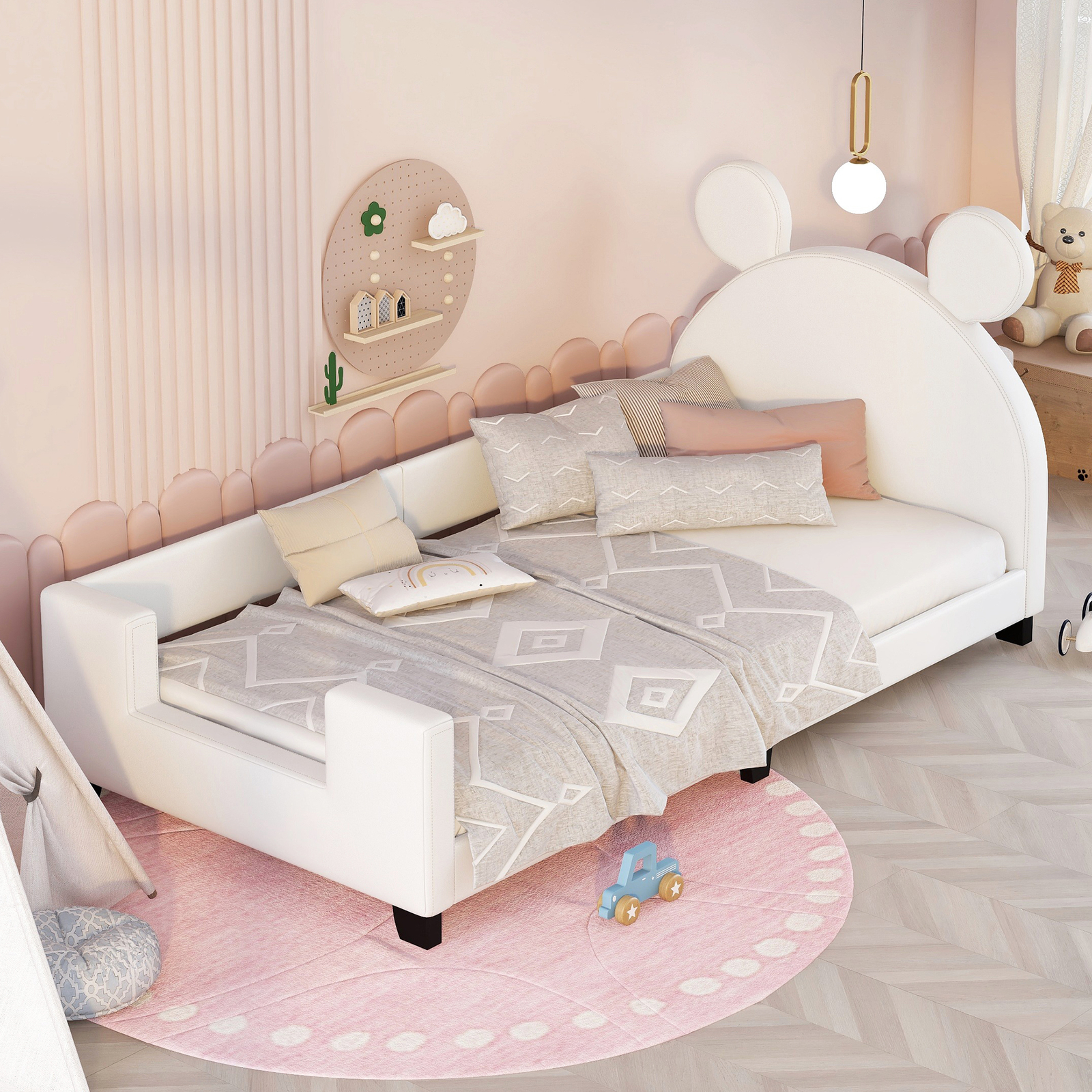 Twin Size Upholstered Daybed with Carton Ears Shaped Headboard, White 96297