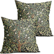 Set of 2 Green Tree Pillow Covers 20x20 Floral Bird Cushion Cases