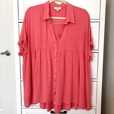 Umgee Boutique Tunic Top Women’s Medium Pink Collared Button Tiered Flowy Fringe