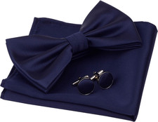 Mens Solid Color Double Fold Pre-tied Bow Tie and Pocket Square Cufflink Set wit
