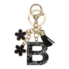 Alphabet Initial Letter Keychain Cute Charm with Tassel Flower Letter B Black