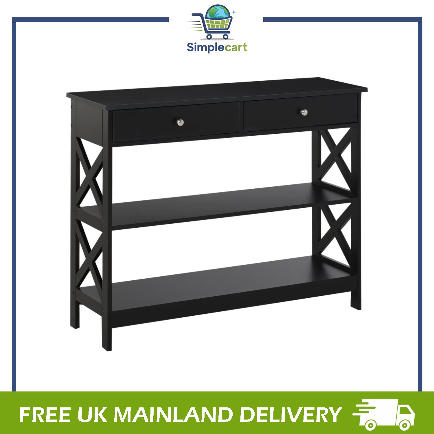 Console Table Side Desk w/ Shelves Drawers Open Top X Support Hallway Black