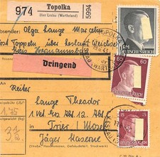 720713) DR Paketkarte aus Topolka &uuml;ber Leslau Wartheland Posen