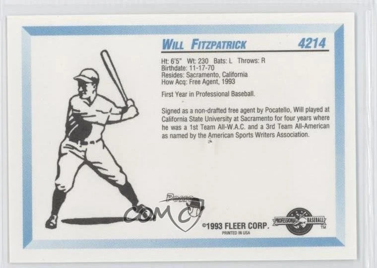 1993 Fleer ProCards Minor League Will Fitzpatrick #4214 - Image 2 of 2