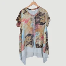 SIMPLY COUTURE Artsy Floral Semi Sheer Overlay Asymmetric Button Tunic Top Sz XL