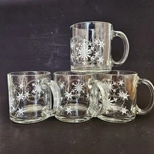 4 Crate & Barrel Clear Glass White Snowflake Winter Christmas Coffee Cup Mug USA