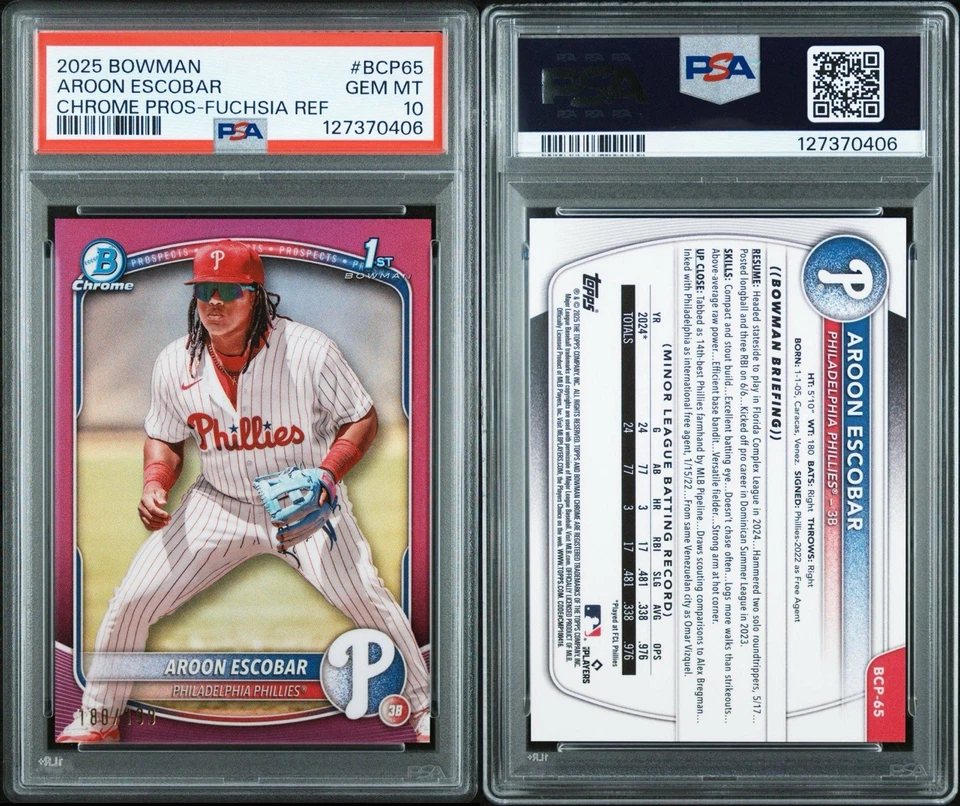 2025 Bowman - Chrome Prospects Aroon Escobar /199 Fuchsia Refractor #BCP-65 (RC) - Image 3 of 3