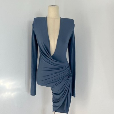 Alexandre Vauthier Navy Plissee Deep-V Stretch Mini Dress FR 34