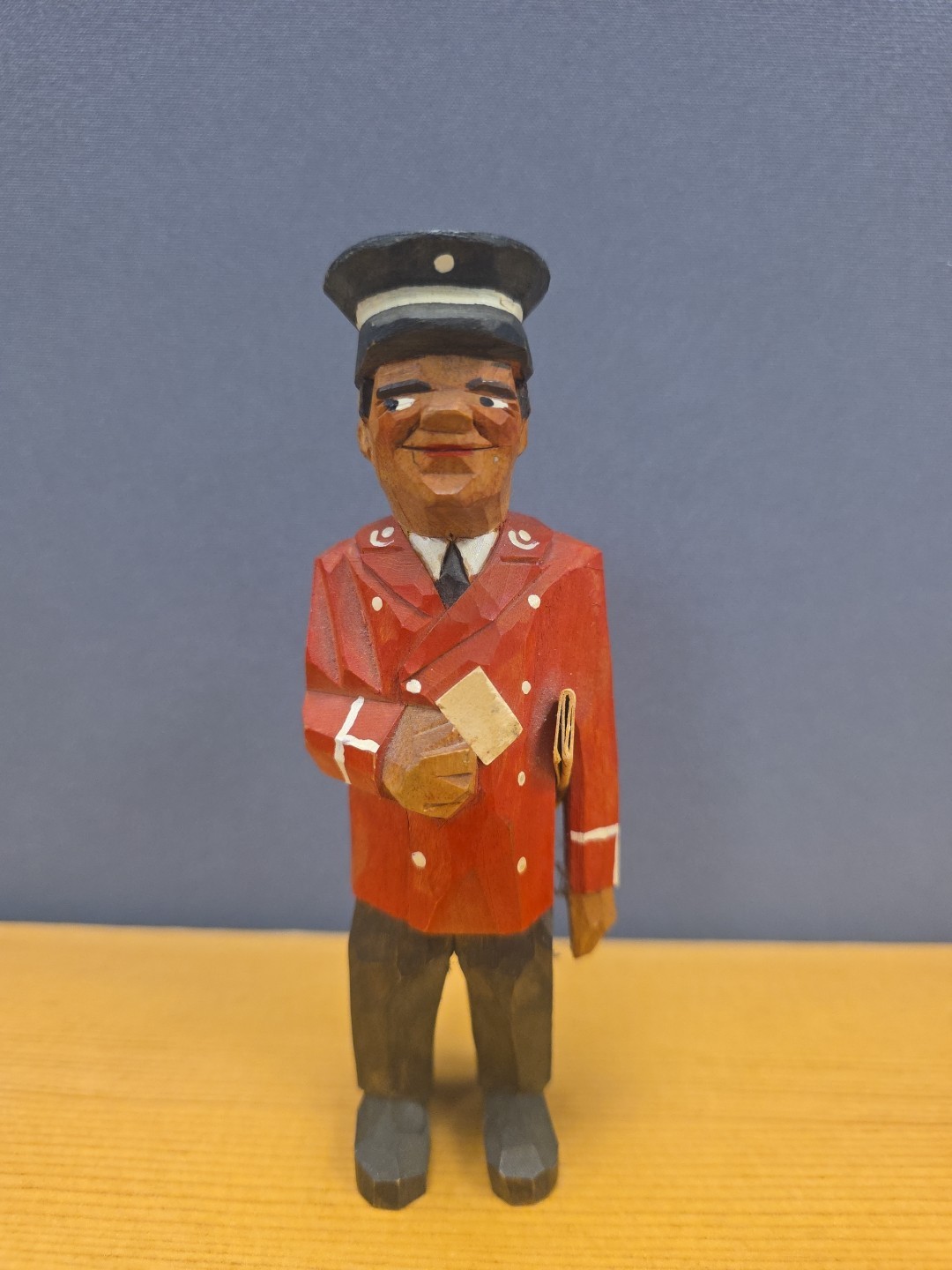 Folk Art Bellhop Hand Carved Wood Painted Figure Man Primitive Vtg Hotel Worker