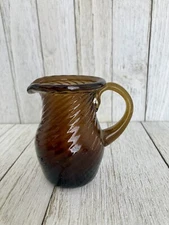 Vintage  Mini Hand Blown Glass Pitcher Honey Amber Brown Twisted Rib Glass