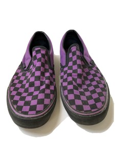purple black checkered vans slip ons