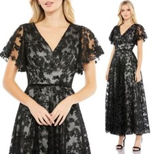 Mac Duggal NEW Black Embroidered Flutter Sleeve A-Line Midi Dress $698 - Size 8