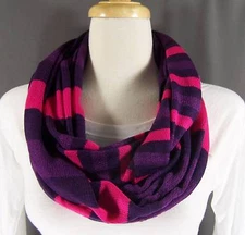 Purple Fuchsia Pink striped ribbed knit circle infinity endless loop long scarf