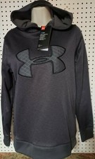 Womens NEW Under Armour Cold Gear Big Stitched Logo Pullover Hoodie Charcoal XS