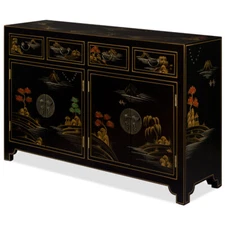 US SELLER - Black Lacquer Chinoiserie Scenery Motif Oriental Sideboard