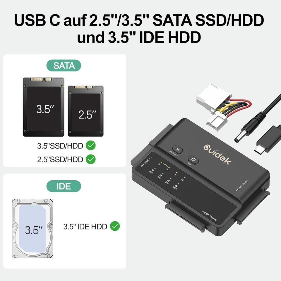 USB 3.0 IDE/SATA Adapter 5Gbps Offline-Klon 2,5"/3,5" HDD/SSD - Bild 2 von 4