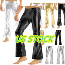 Men Shiny Faux Disco Trousers Bell Bottoms Flared Long Pants Motorcycle