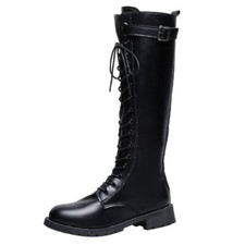 Damen Schnalle Blockabsatz Plateau Schnürung Kniehoch Stiefel Pump Punk Party 43