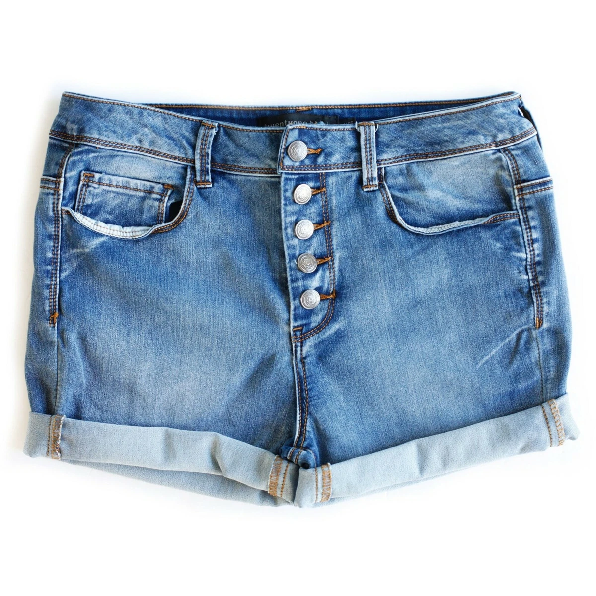Medium Blue Wash Exposed Button High Waisted Rise Cuffed Denim