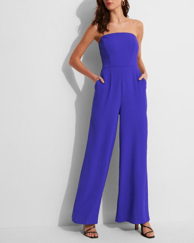 NEW EXPRESS $98 SUMMER BLUE STRAPLESS WIDE LEG JUMPSUIT SZ S SMALL - Picture 1 of 2