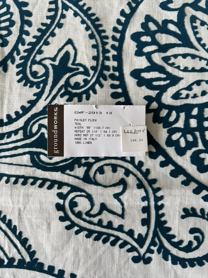 Lee Jofa Groundworks GWF-2913-13 Paisley Flock verde azulado Italia 100 % lino 2 1/2 yardas Foto 4 de 4