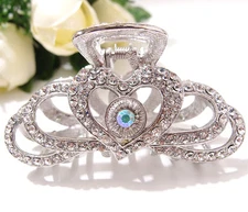 New Heart Whites Rhinestones Crystal Silver Tone Metal hair claws clips Barrett 