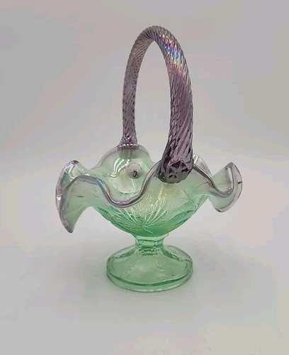 Fenton 95th Anniversary Willow Green Opalescent Basket Purple Crest