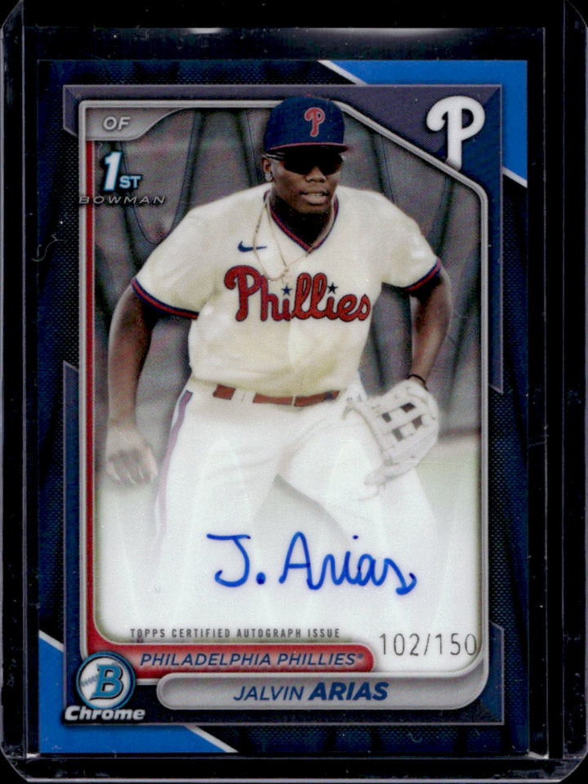 2024 Bowman Chrome Jalvin Arias Auto Blue Raywave Refractor 1st #102/150