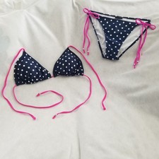 Plunge Navy Blue And White Polka Dot Bikini w/ Pink Ties Large Pre-Owned In VGC