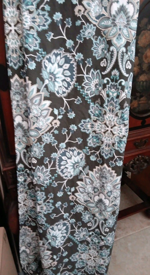 2 - Envogue Grey Turquoise Floral Curtain Panels 50 x 96 Boho Rod Pocket - Image 2 of 4