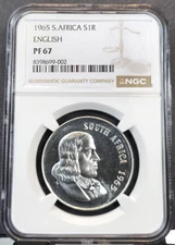 1965 SOUTH AFRICA SILVER 1 RAND ENGLISH SPRINGBOK NGC PF 67 SCARCE GEM PROOF