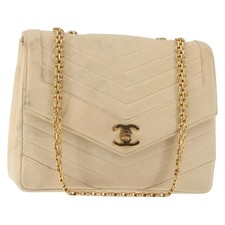 Borsa a tracolla CHANEL punto V catena cotone vintage beige oro CC originale bs29453