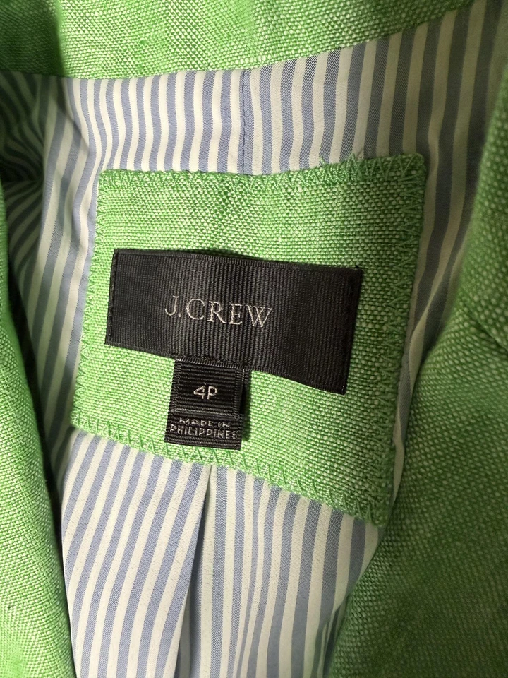 Blazer para mujer J.Crew Petite 4P verde lino dorado botón forro a rayas F0318 Foto 4 de 4