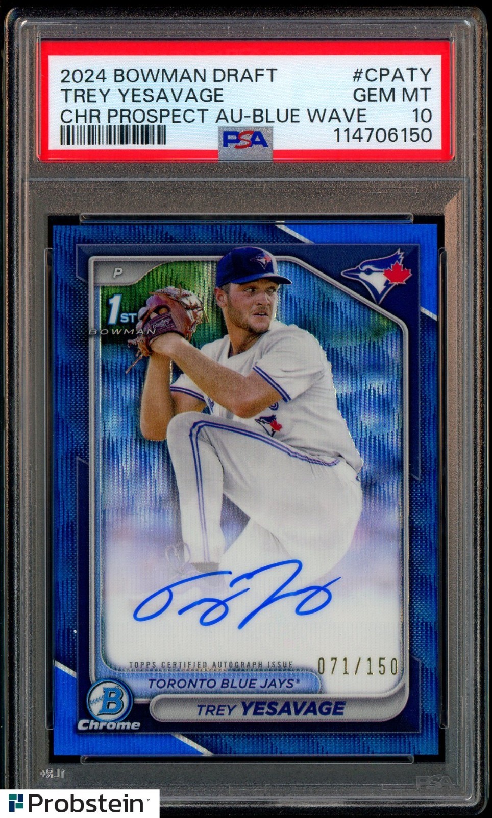 2024 Bowman Chrome Blue Wave Refractor Trey Yesavage RC ON CARD AUTO /150 PSA 10