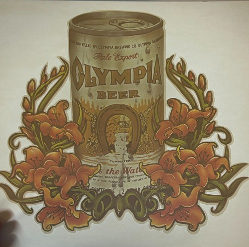 Vintage Olympia Beer Iron-On Transfer – Retro Brewery Floral Graphic