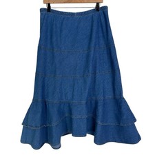 Vintage 90s USA Pull On Tiered Broomstick Denim Midi Skirt Size Small Western