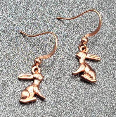 Pink Metal Bunny Rabbit Pierced Earrings Rose Gold tone Dangle 5/8''