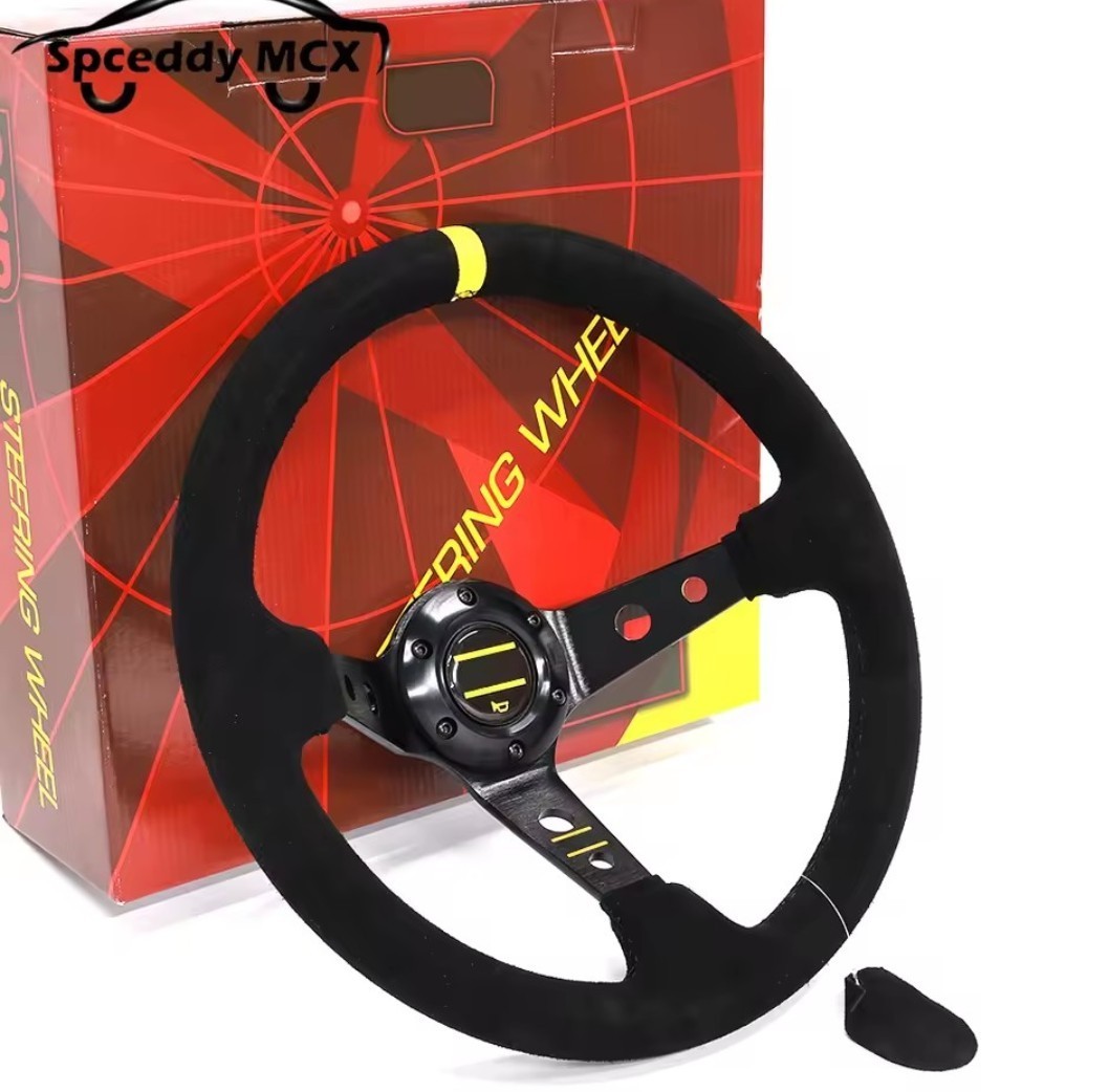 Volante Auto Racing Universale 350mm Alcantara Nero Giallo 3 Razze Tuning