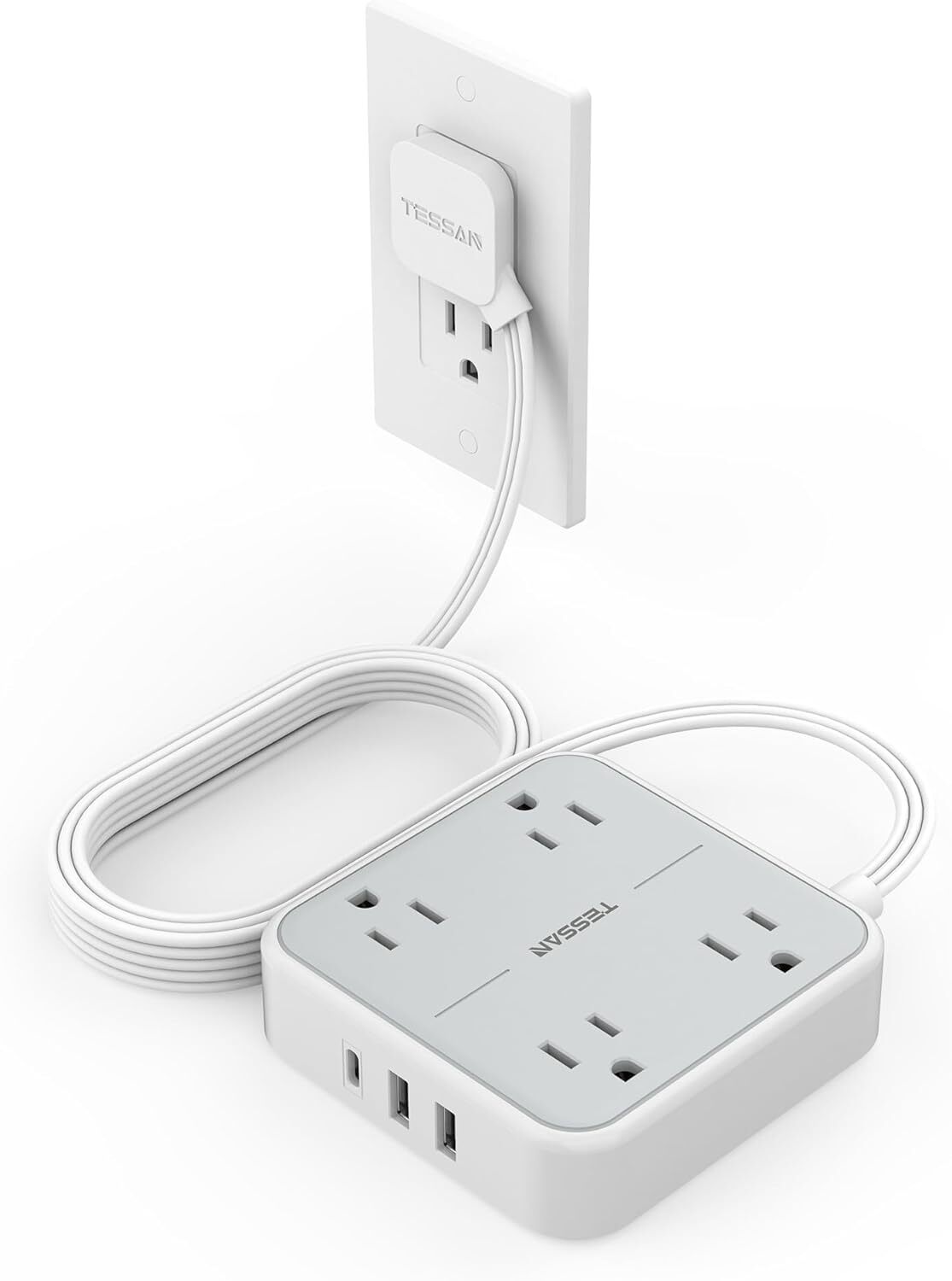 Flat Extension Cord 10 ft, TESSAN Ultra Thin Power Strip Under Carpet with 3 USB-image