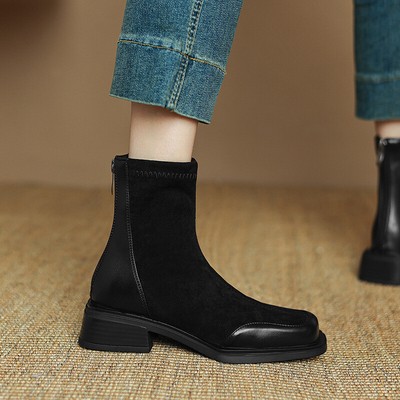 34-43 Plus Size Fall Winter Casual Low Heel Square Toe Stretchy Ankle Boots Size