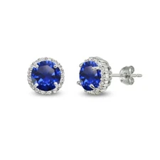6mm Round Halo Created Blue Sapphire & Cubic Zirconia 925 Silver Stud Earrings