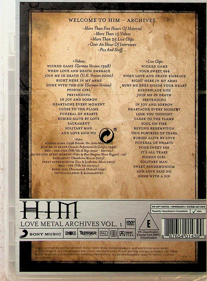 HIM -Love Metal Archives Vol. 1 - DVD RARE-NEW -Best Of Videos/Live Clips - Image 2 of 2