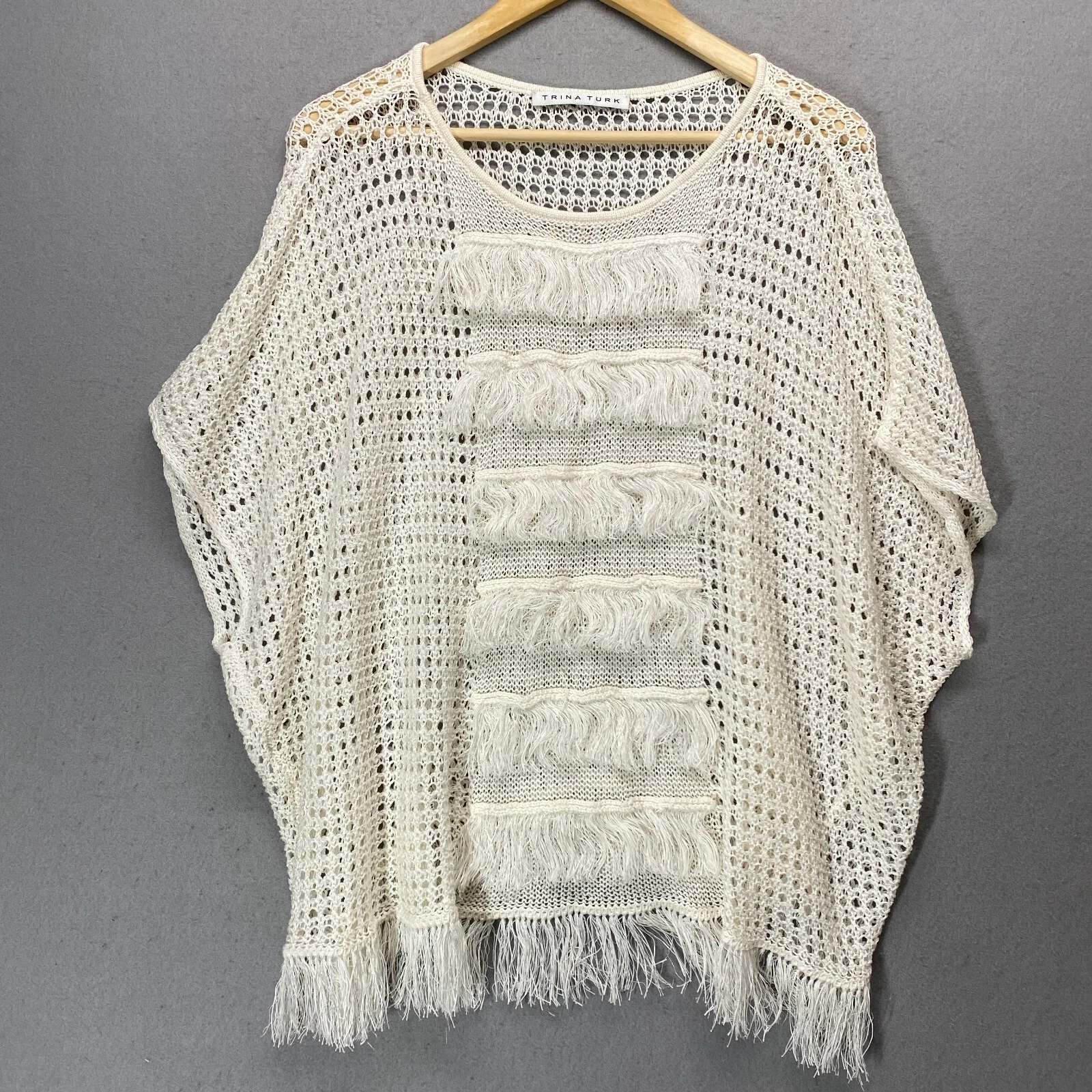 Trina Turk Sweater Poncho Womens Medium White Open Knit Fringe Boho Costal