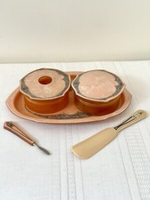 Vtg Art Deco 5-Piece Celluloid Vanity Set, Pearlized Tray, Powder Jars, 1930-40